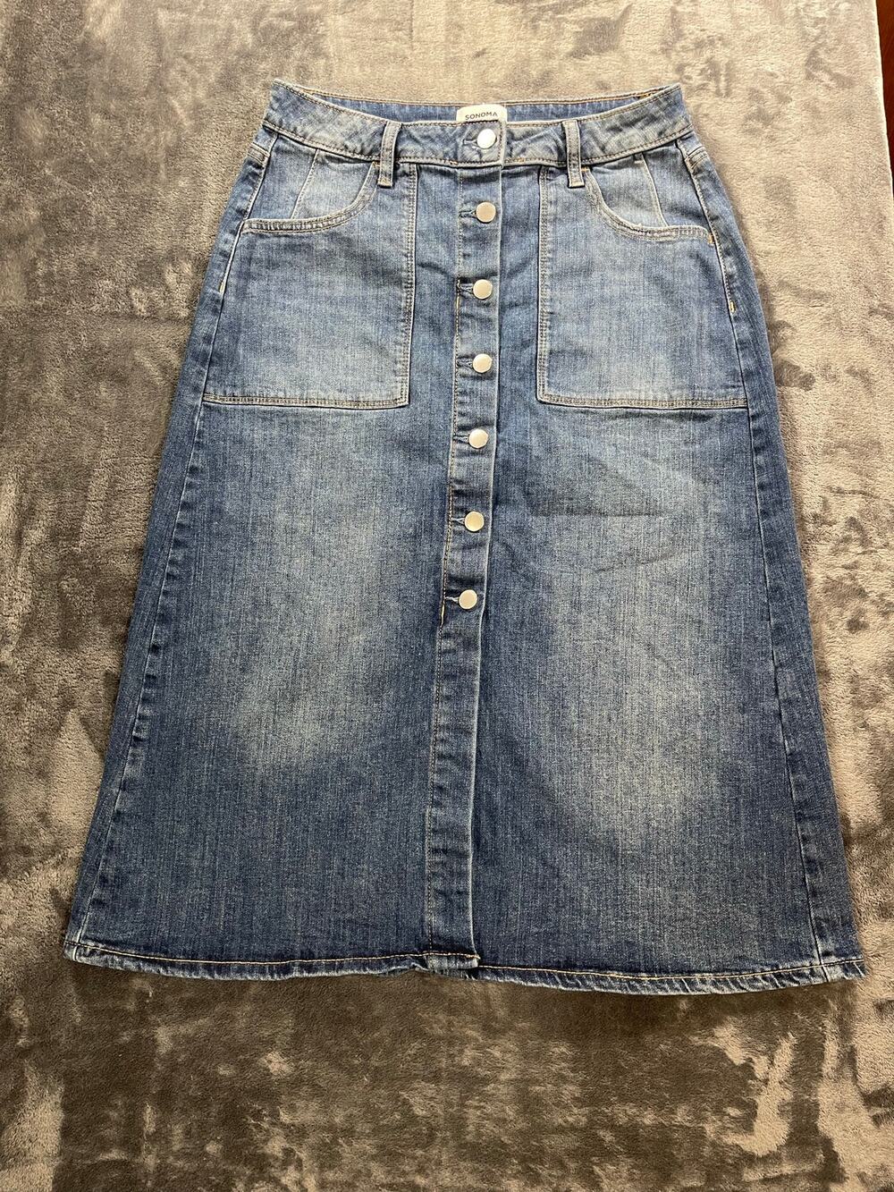 Women’s Size 10 Denim Midi Skirt Medium Wash Utility Button Front A-Line